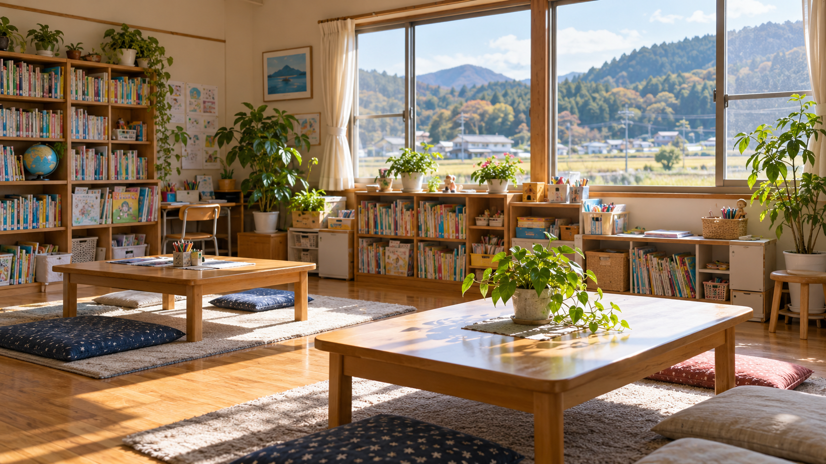 窓辺の光が入る地域の学習支援室