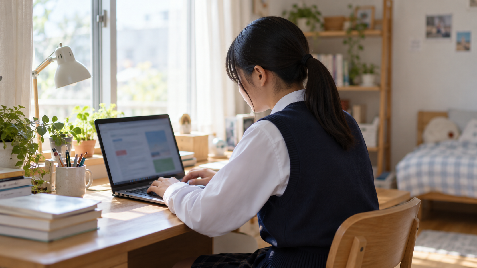 自宅で自分のペースでオンライン学習をする中学生