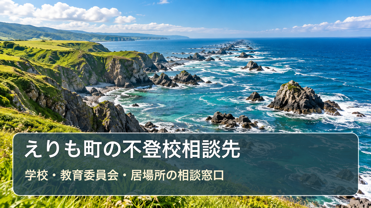 えりも町の不登校相談先ガイド。生成した明るい風景写真に学校・教育委員会・居場所の相談先の文字を重ねた画像