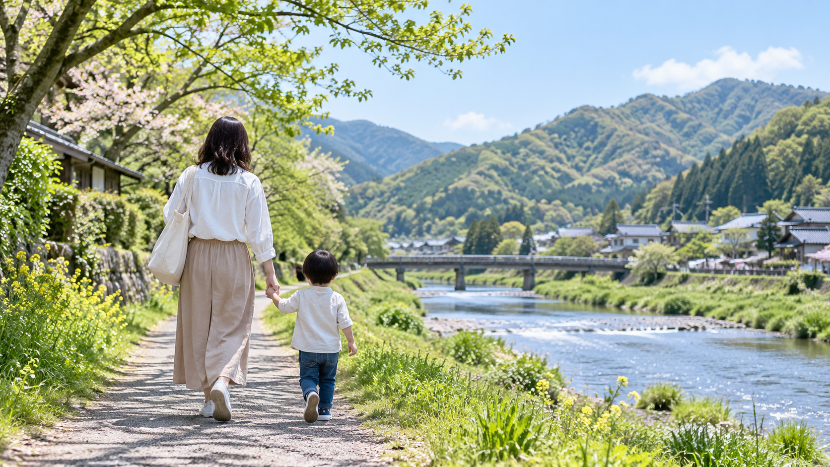 親子が自然の中で過ごす様子