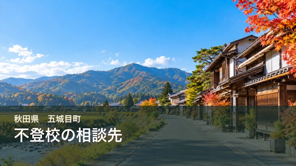 秋田県五城目町の不登校相談先を案内する記事のサムネイル。秋田の農村風景に「秋田県 五城目町 不登校の相談先」と表示。