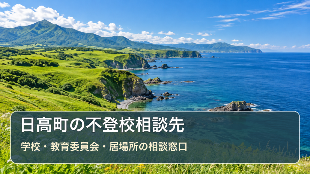 日高町の不登校相談先ガイド。風景写真に学校・教育委員会・居場所の相談先の文字を重ねた画像