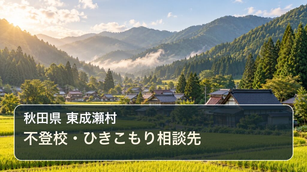 秋田県東成瀬村の山並みと田園風景に「不登校・ひきこもり相談先」と表示した記事サムネイル