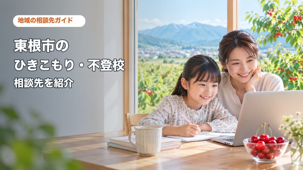 東根市のひきこもり・不登校相談先を紹介する記事サムネイル。親子が自宅で相談しながら学ぶ様子。