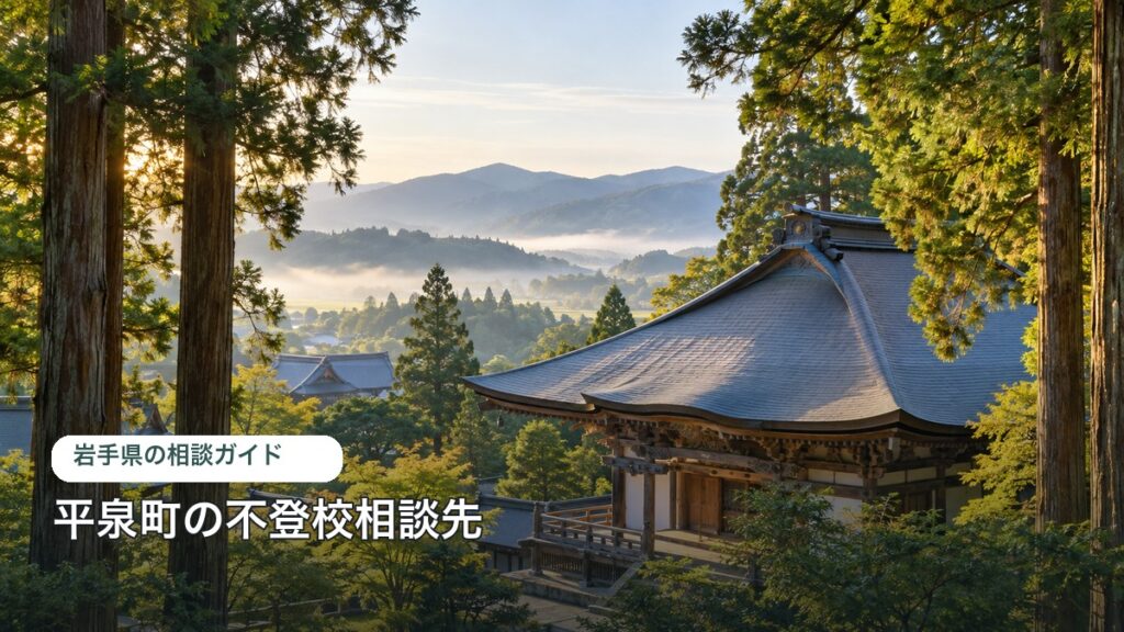 平泉町の不登校相談ガイドのアイキャッチ。町の特徴を表す明るい風景写真に自治体名を重ねた画像