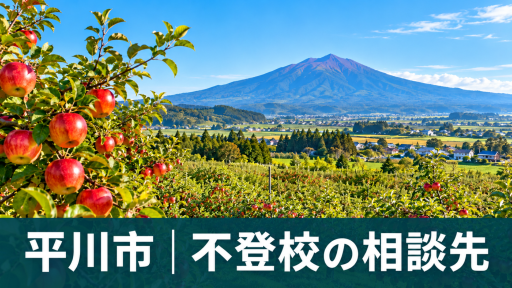 平川市のりんご園と岩木山の風景を背景にした不登校相談先の記事サムネイル