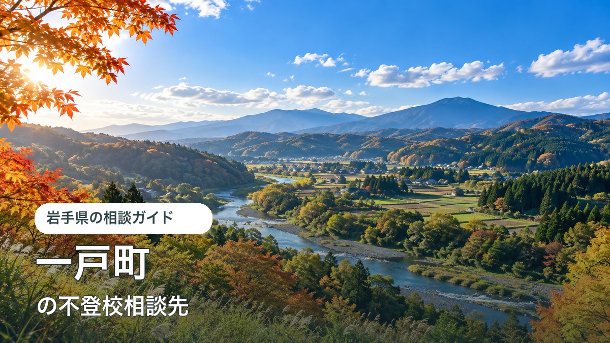 一戸町をイメージした明るい風景と不登校相談先ガイド