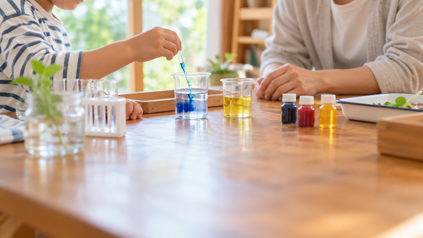 飯豊町向けに作成した、子どもが科学実験に取り組む手元のCTA背景写真