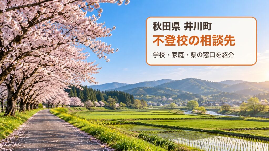秋田県井川町の不登校相談先を紹介する、桜と田園風景のサムネイル