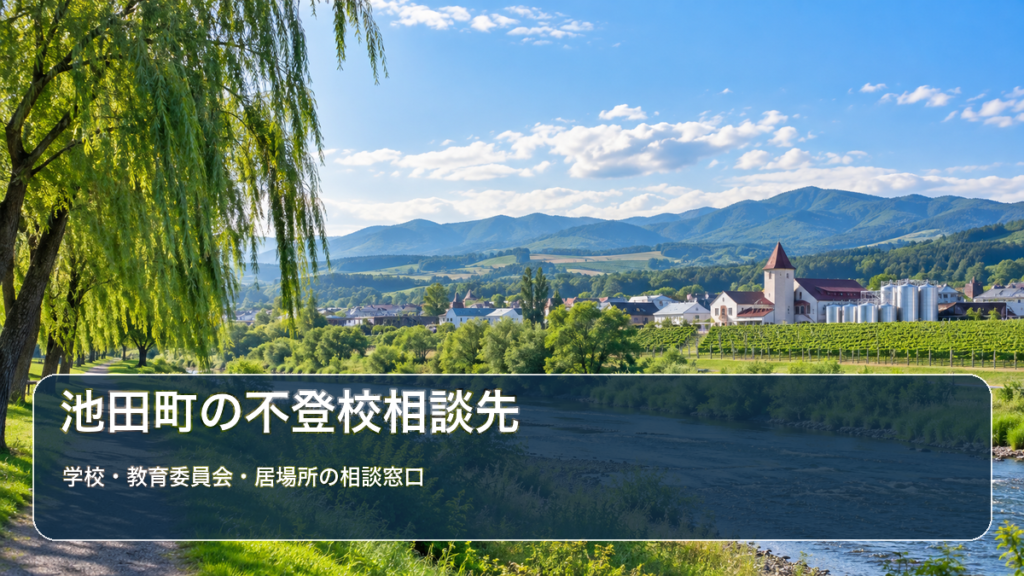明るい風景に自治体名と不登校相談先の文字を重ねたサムネイル