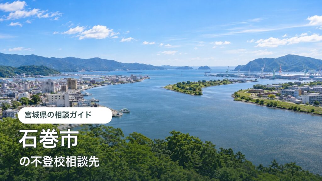 石巻市をイメージした明るい風景と不登校相談先ガイド