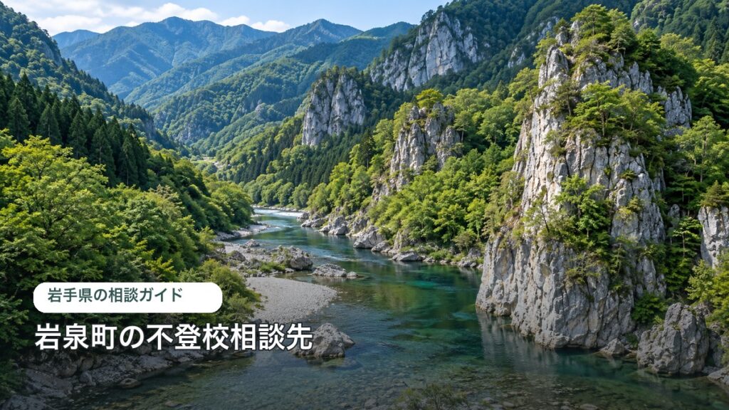 岩泉町の不登校相談ガイドのアイキャッチ。町の特徴を表す明るい風景写真に自治体名を重ねた画像