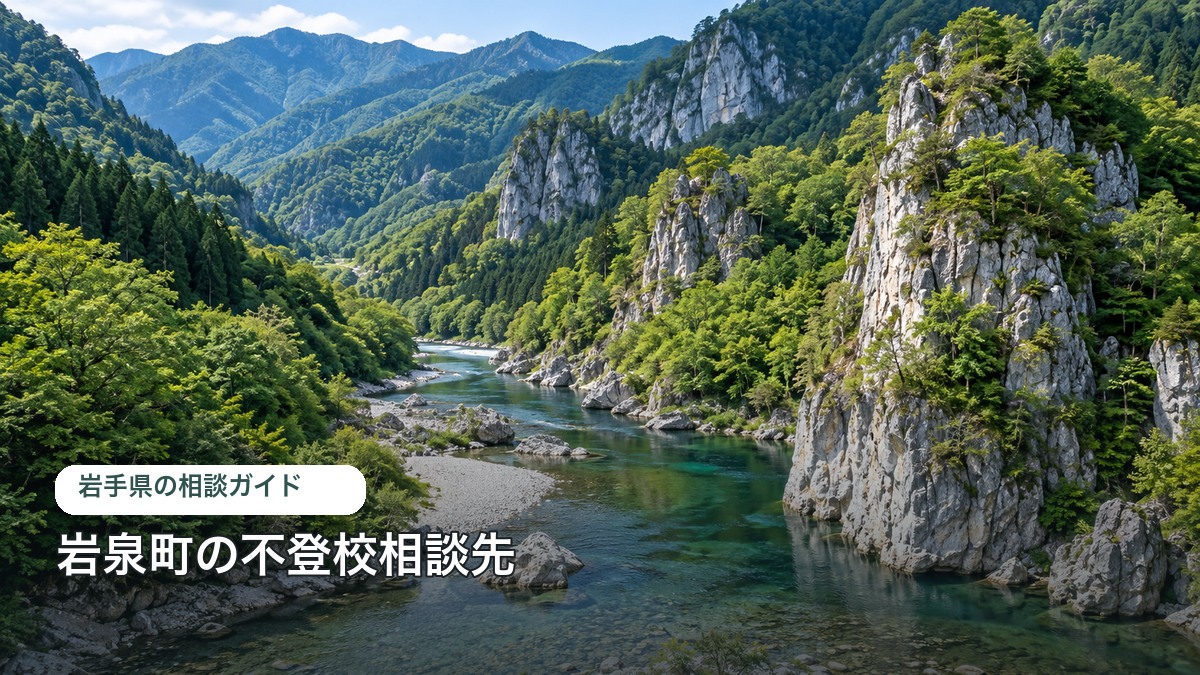 岩泉町の不登校相談ガイドのアイキャッチ。町の特徴を表す明るい風景写真に自治体名を重ねた画像