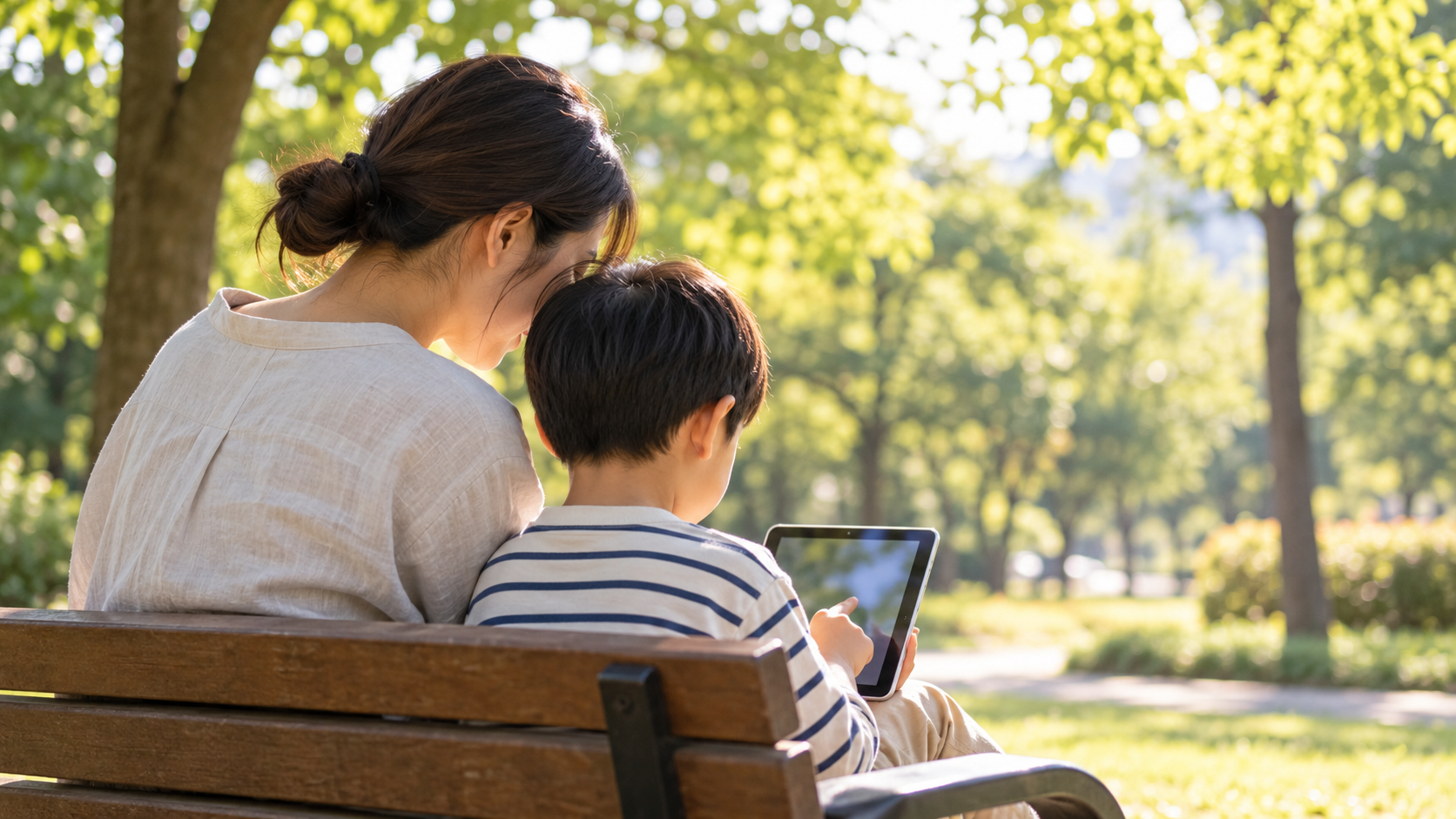 公園で親子がタブレットを見て話すイメージ