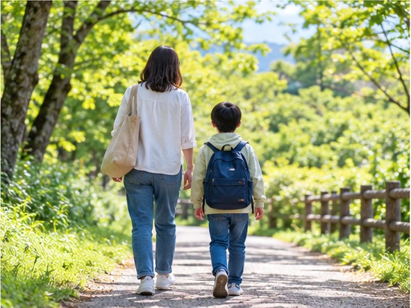 公園を歩く保護者と子どもの後ろ姿
