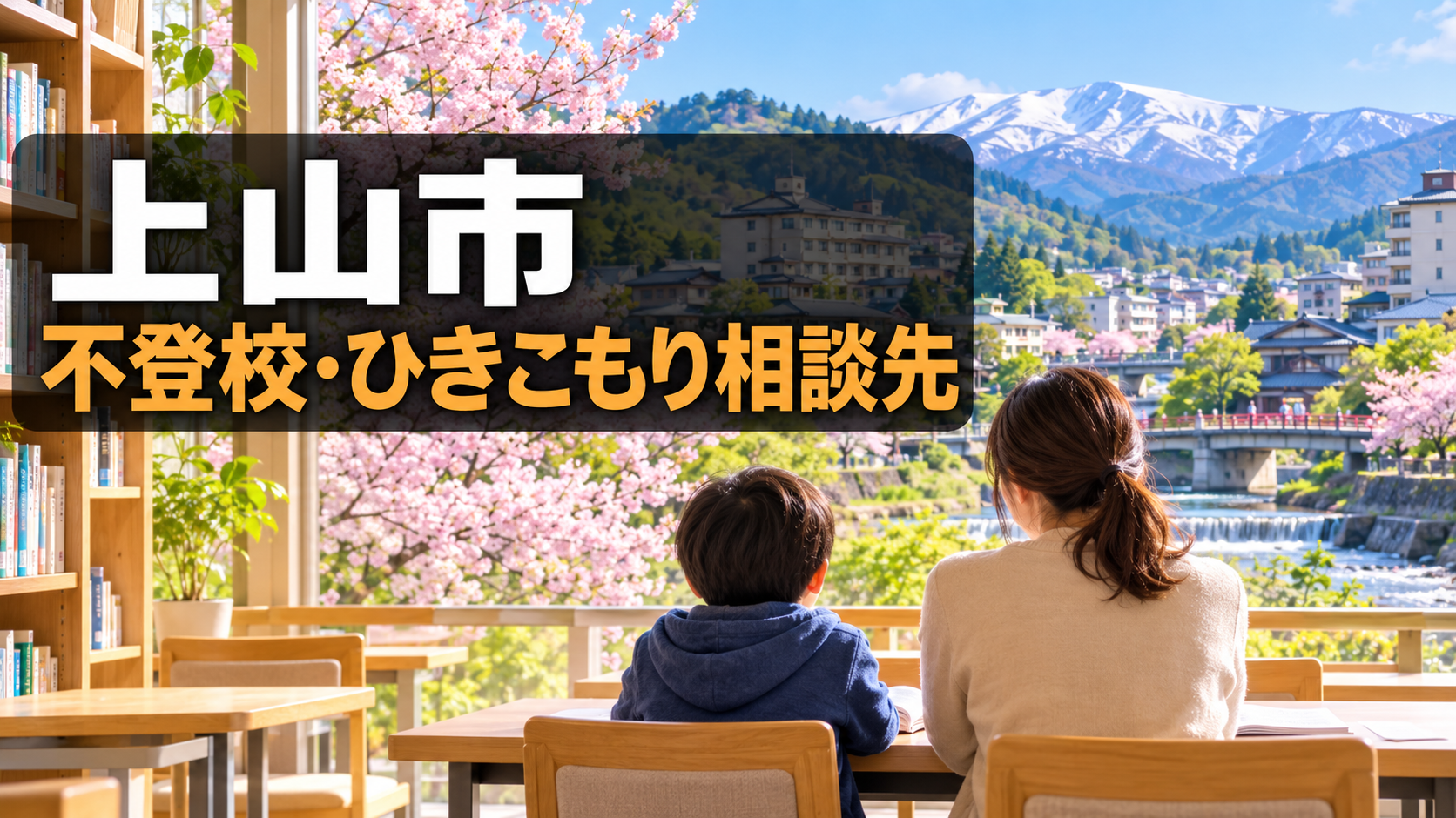 桜と蔵王連峰を背景にした上山市の記事サムネイル。親子が学びの場で本を見ている