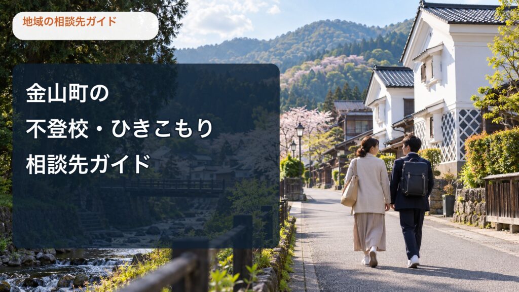 金山町の不登校・ひきこもり相談先ガイド。白壁の町並みを背景に、保護者と子どもが歩く写真。