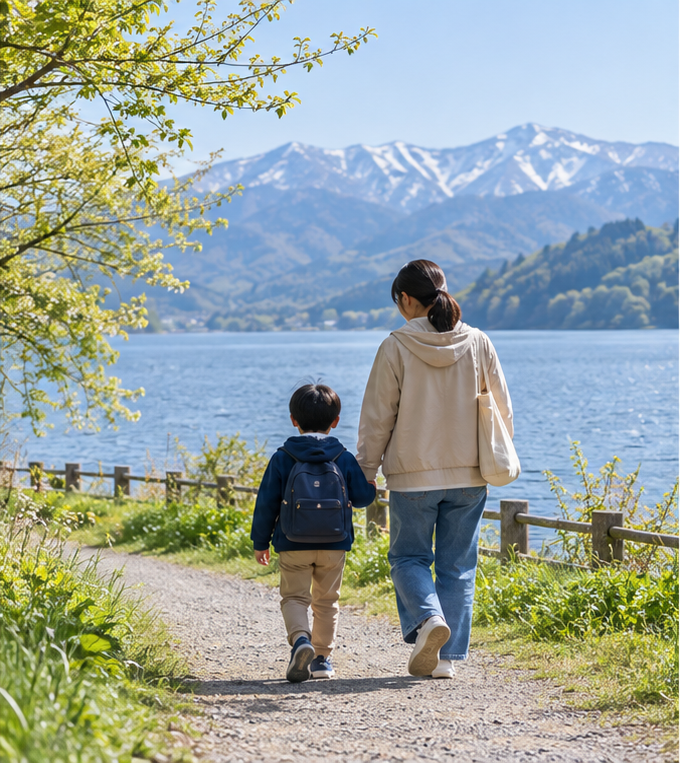 湖のそばを歩きながら話す親子のイメージ