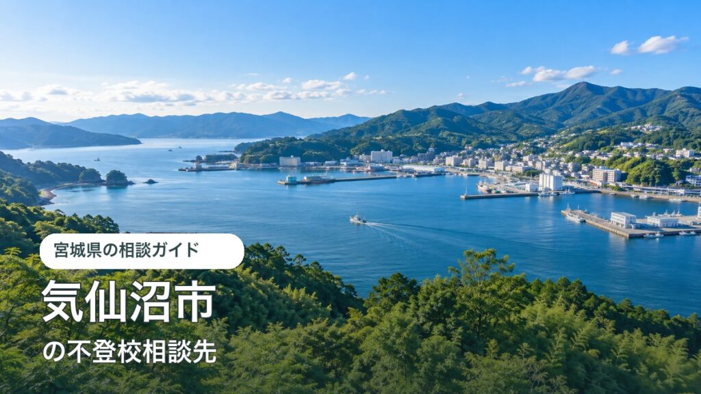 気仙沼市をイメージした明るい風景と不登校相談先ガイド