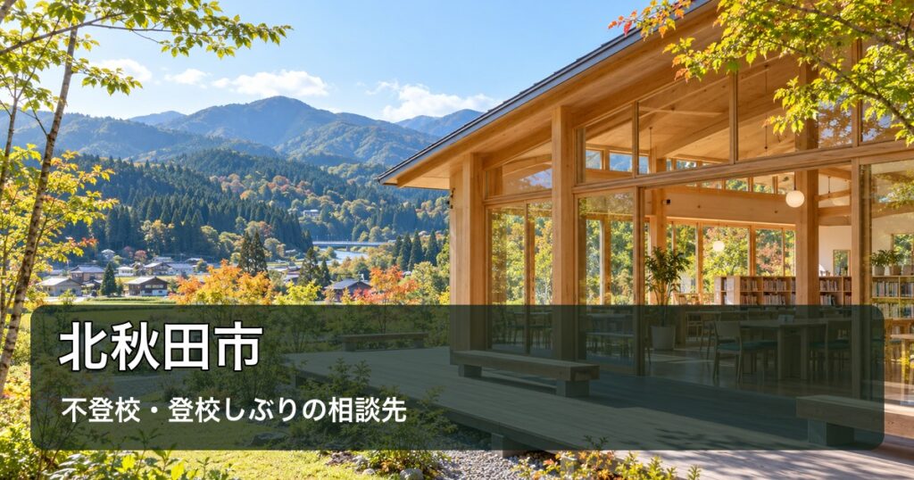 北秋田市の不登校相談先を紹介する記事のアイキャッチ。秋田の山並みと学びの場を背景に「北秋田市 不登校・登校しぶりの相談先」と表示。