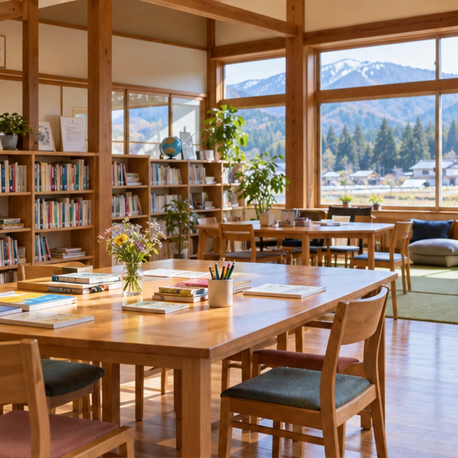 窓辺に光が差す北秋田市の公的な学びの居場所をイメージした室内