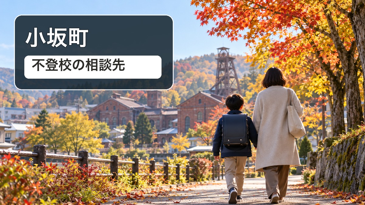 小坂町の不登校相談先。紅葉の町並みを親子が歩く写真