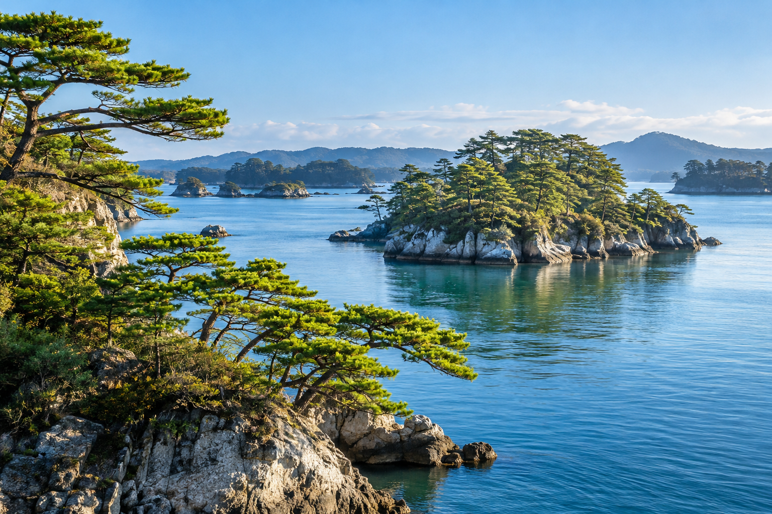 松島湾の松と島々を望む穏やかな海辺