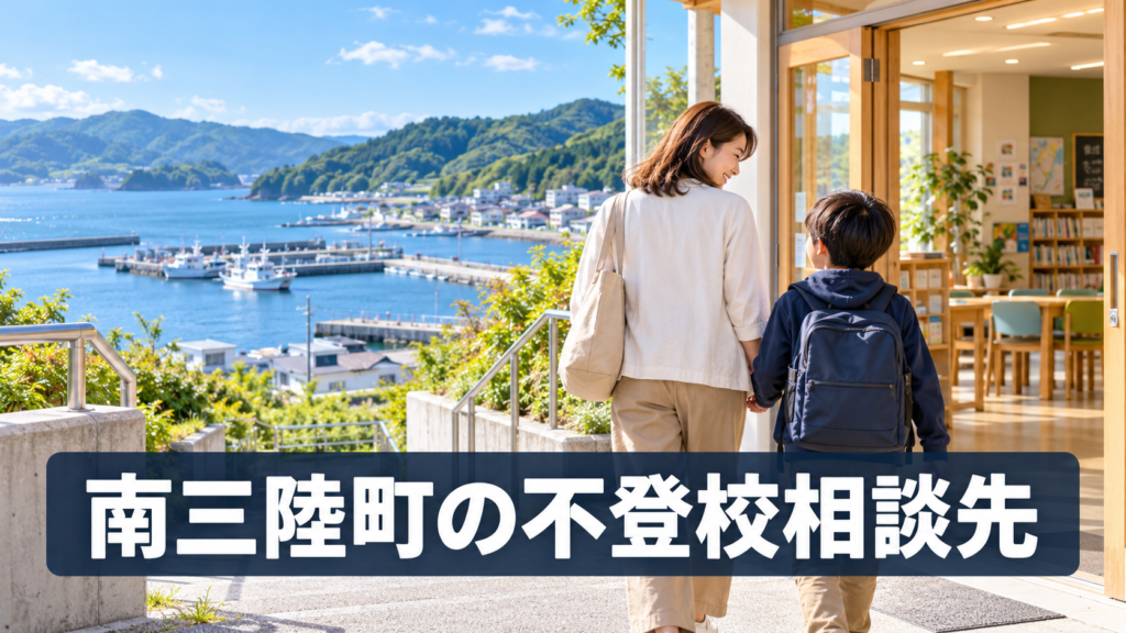 南三陸町の海辺の町と学びの場所へ向かう親子、「南三陸町の不登校相談先」の文字