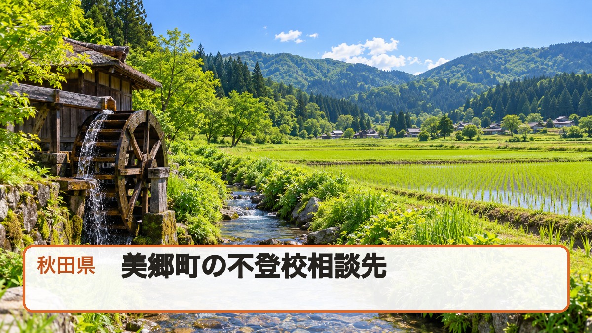 秋田県美郷町の田園と水車が写る、不登校相談先の記事サムネイル