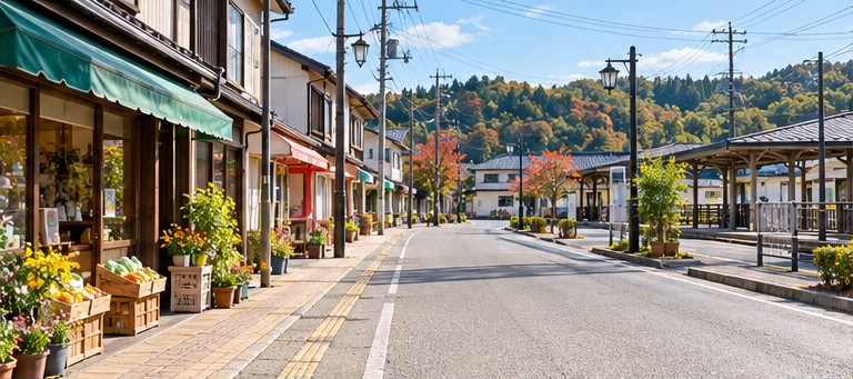 秋の美里町の田園と町並み