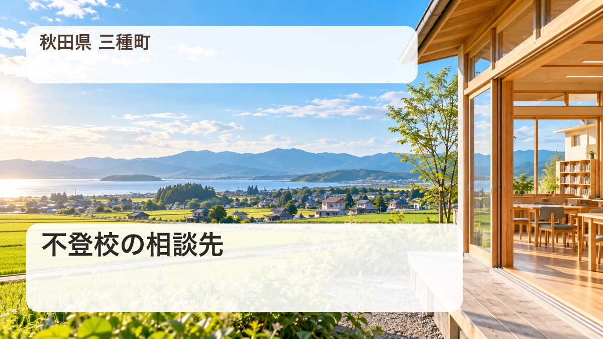 秋田県三種町の不登校相談先を紹介する記事のサムネイル。秋田の田園風景に「不登校の相談先」と表示。