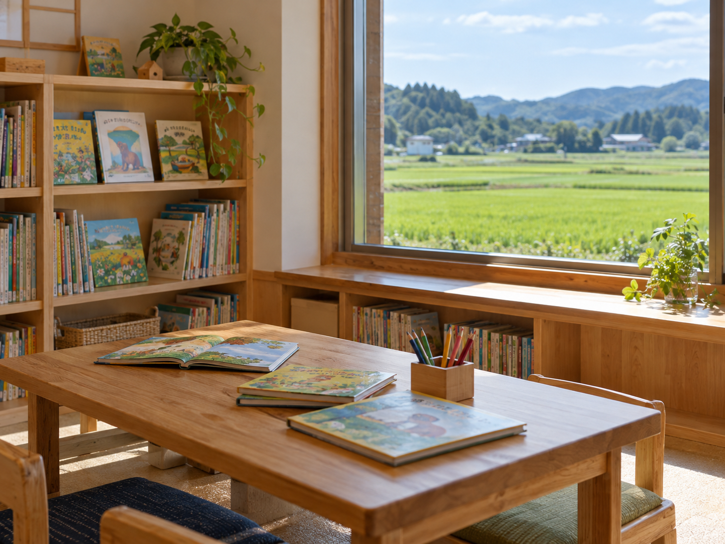 三種町で子どもが本を読む学習イメージ。記事用に生成したイメージで、実在の人物・施設ではありません