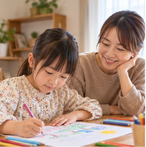 子どもと保護者が自宅で絵を描きながら過ごす様子