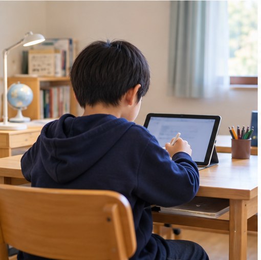 自分のペースでタブレット学習をする子ども