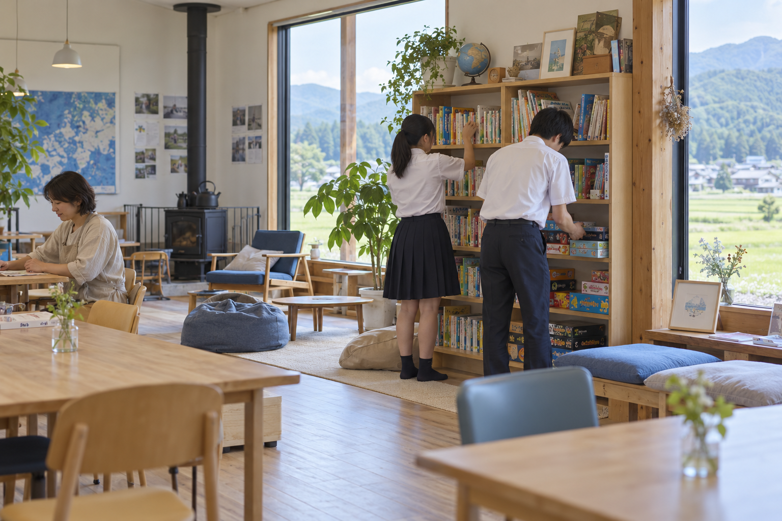 小さな地域の居場所で本やゲームを一緒に整える子どもたち