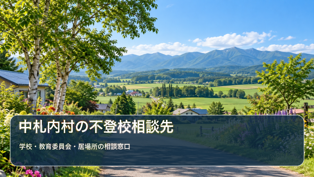 中札内村の不登校相談先ガイド。花と緑の北海道の村の風景写真に学校・教育委員会・居場所の相談先の文字を重ねた画像