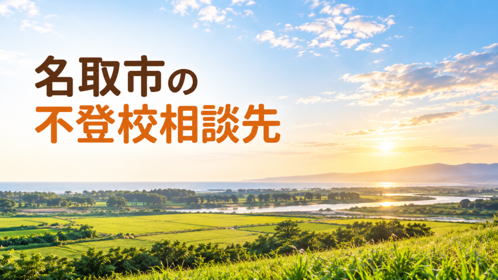 名取市の不登校相談先を案内する記事用アイキャッチ。青空と海辺の風景に「名取市の不登校相談先」の文字。