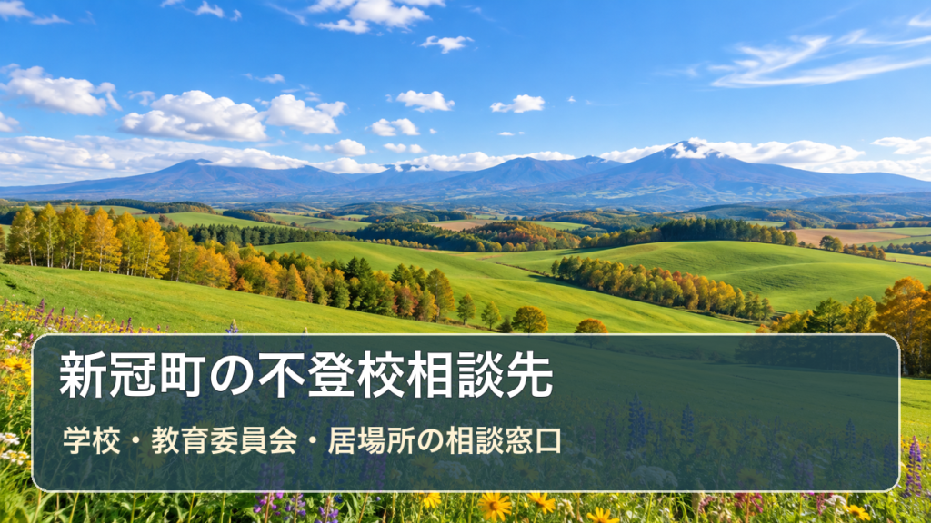 新冠町の不登校相談先ガイド。風景写真に学校・教育委員会・居場所の相談先の文字を重ねた画像