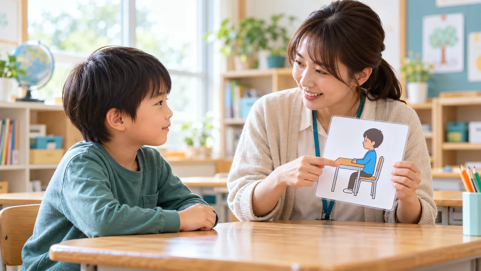 先生と子どもが落ち着いた教室で教材を確認するイメージ