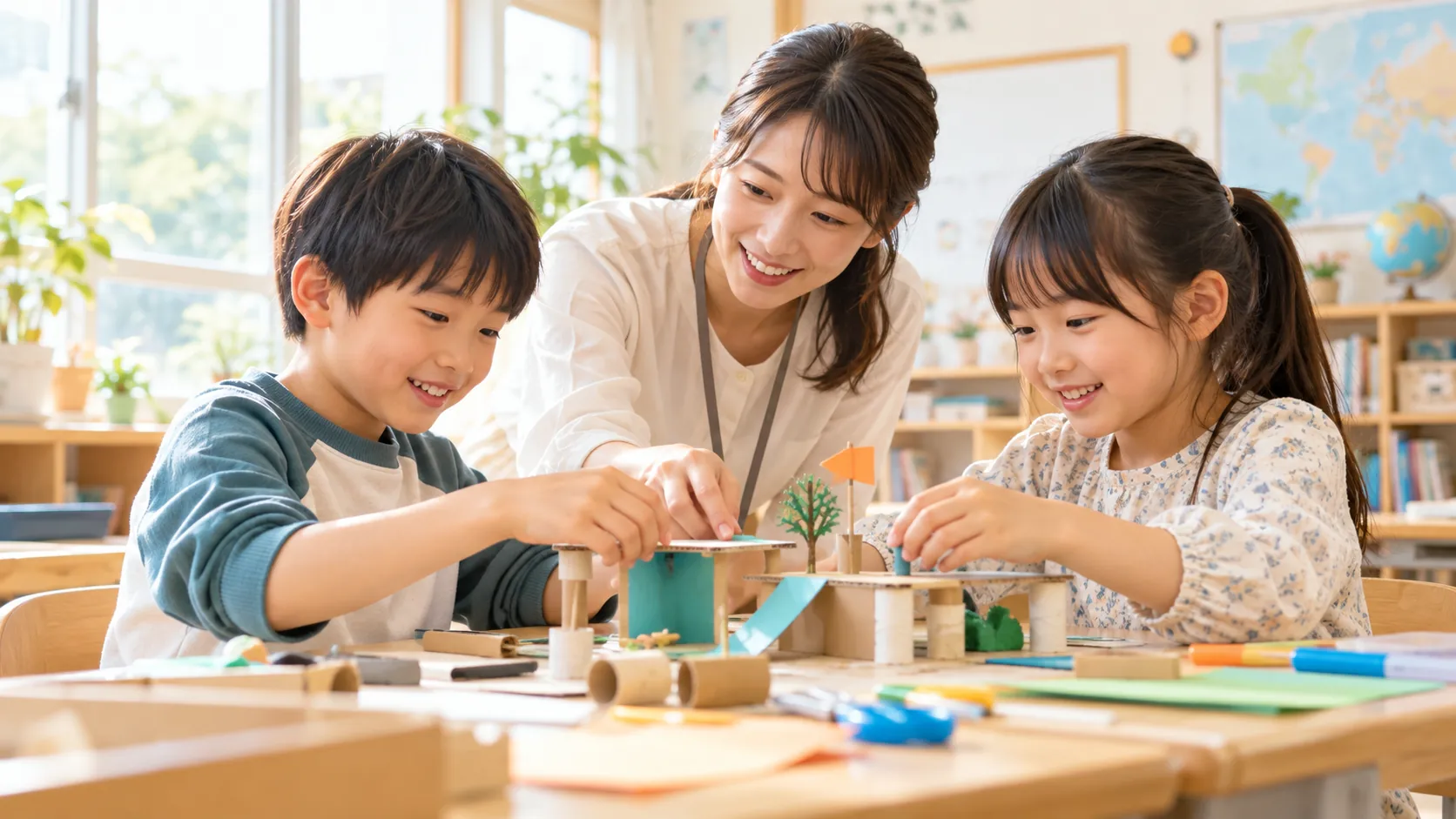 子どもたちが先生と一緒に工作に取り組むイメージ