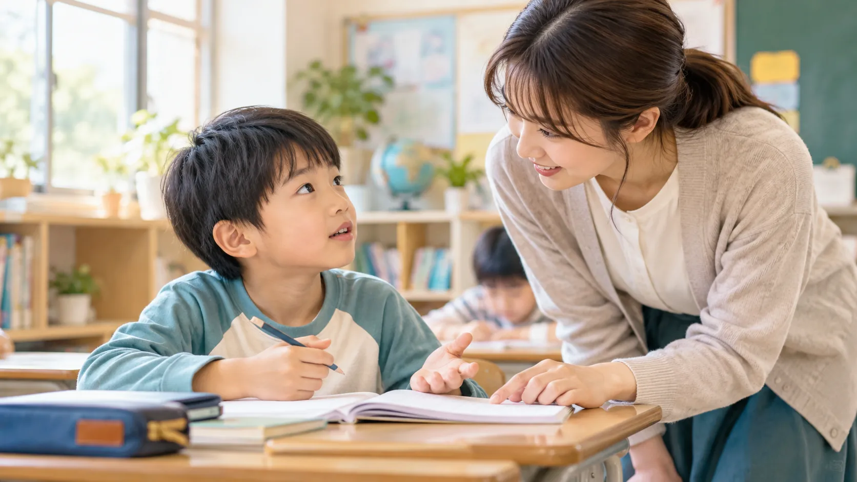静かな学習スペースで課題の場所を確かめる子どものイメージ