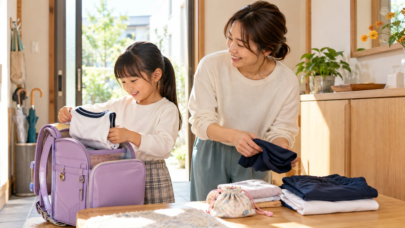 朝の支度を子どもと保護者が確認するイメージ
