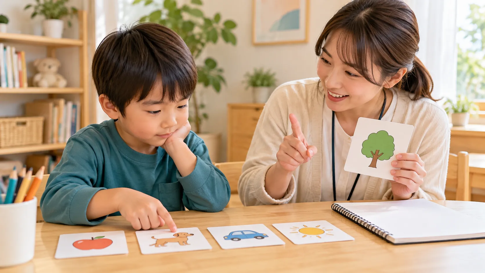 先生が絵のカードを使って子どもに説明するイメージ