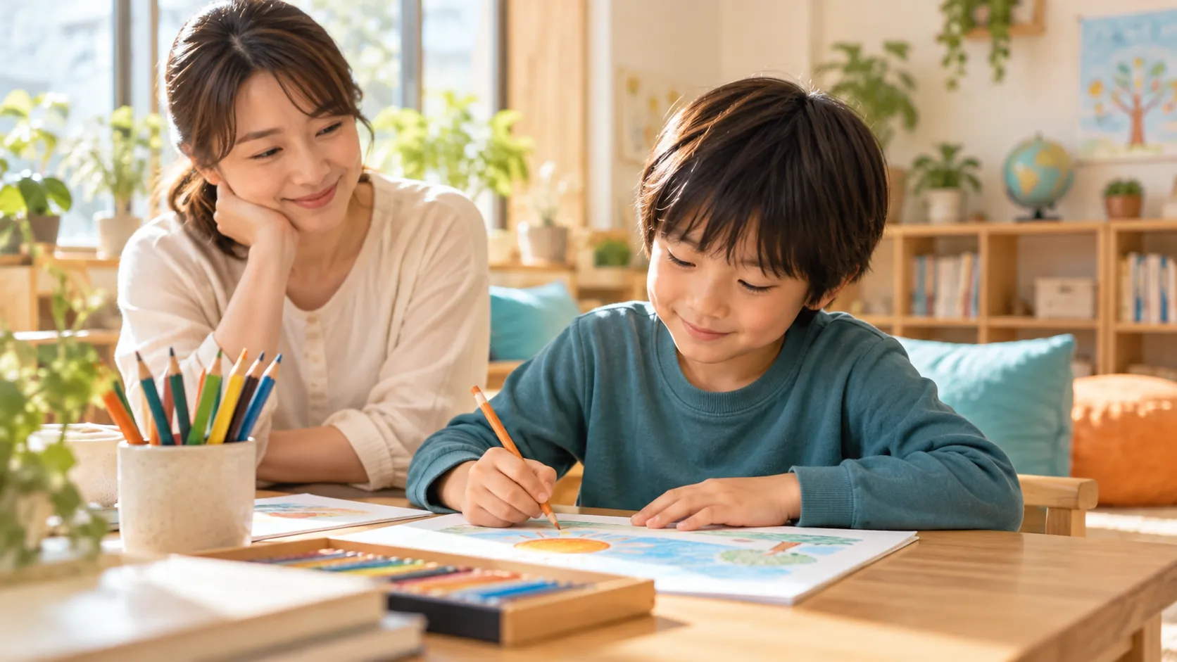 落ち着いた場所で絵や課題に取り組む子どもを大人が見守るイメージ