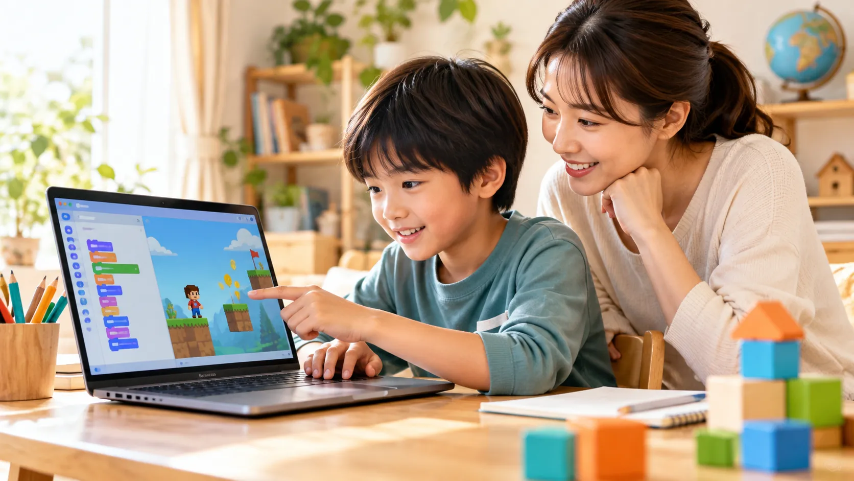 保護者と子どもがデジタルの創作を楽しむイメージ