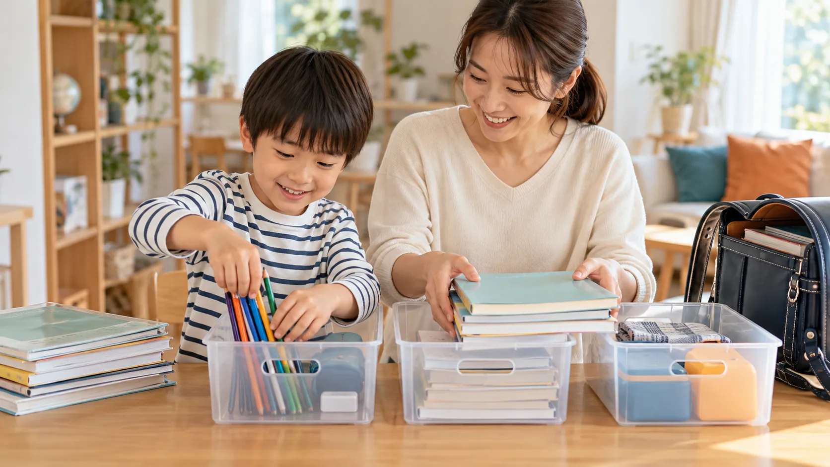 持ち物を決めた箱や場所へ戻す子どものイメージ