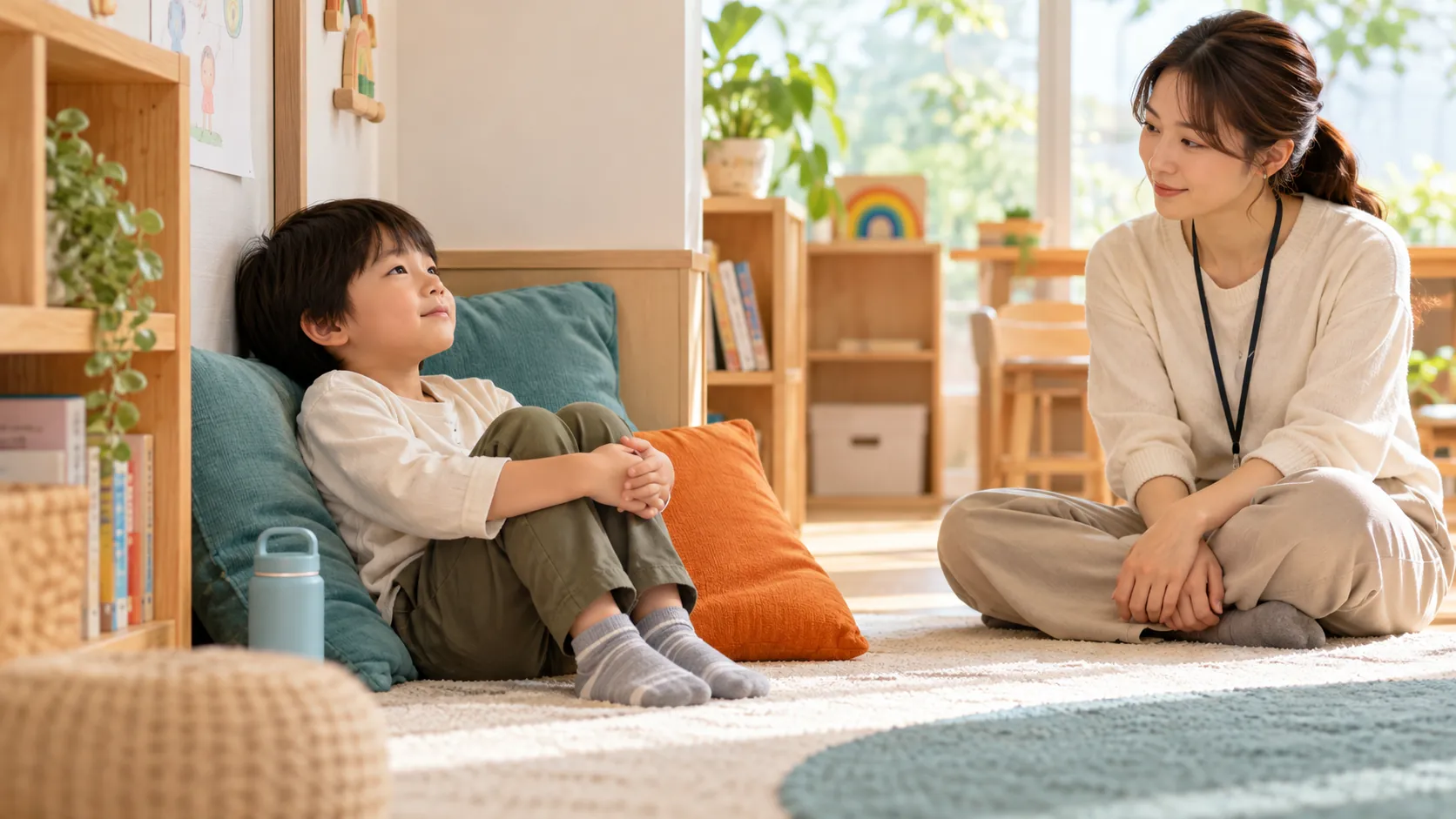子どもが大人の見守りのもと静かな場所で休むイメージ
