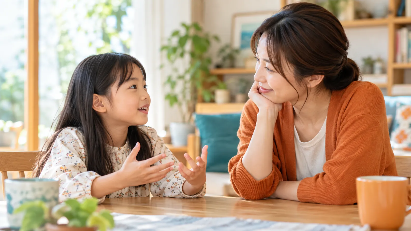 保護者が子どもの話を落ち着いて聞くイメージ