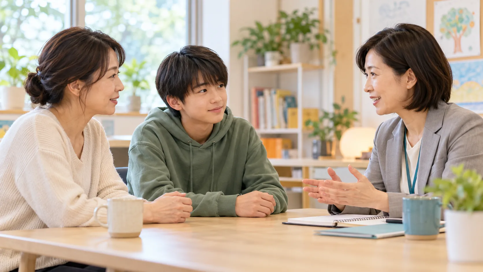 保護者と先生がノートを見ながら支援を相談するイメージ