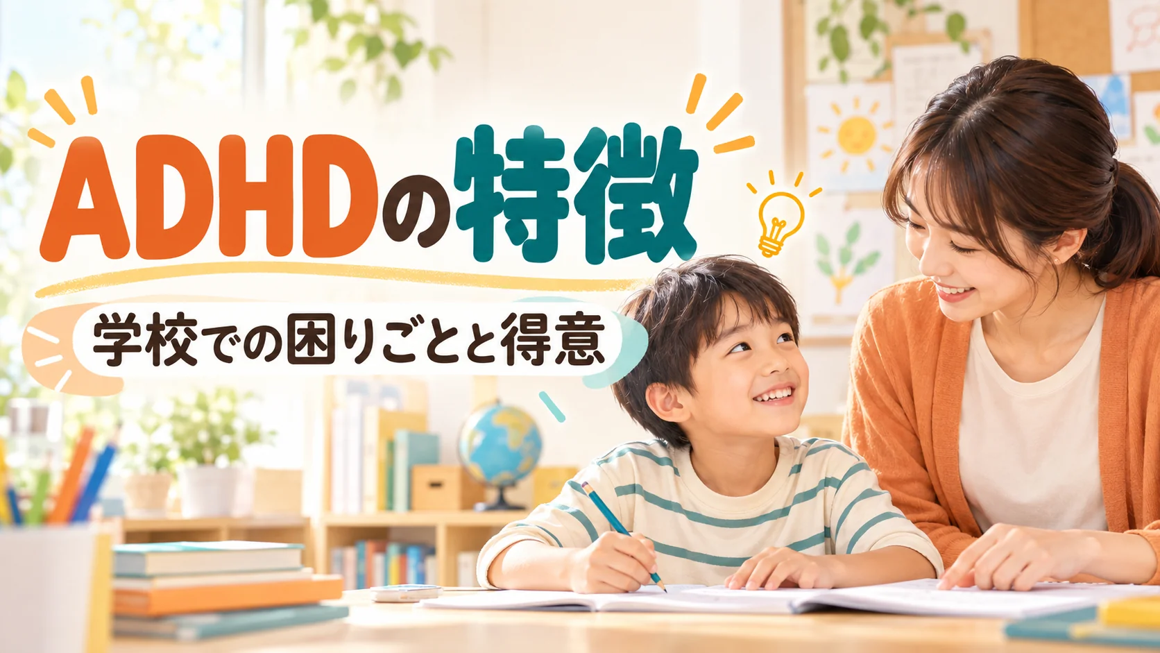 ADHDの特徴は？小学生の学校生活で見られる困りごとと得意｜タイトル入りサムネイル（AI生成）